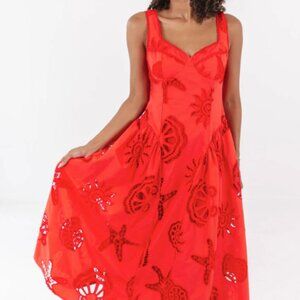 Red Coastal Embroidered Midi Dress -- Size Medium -- Sofie the label